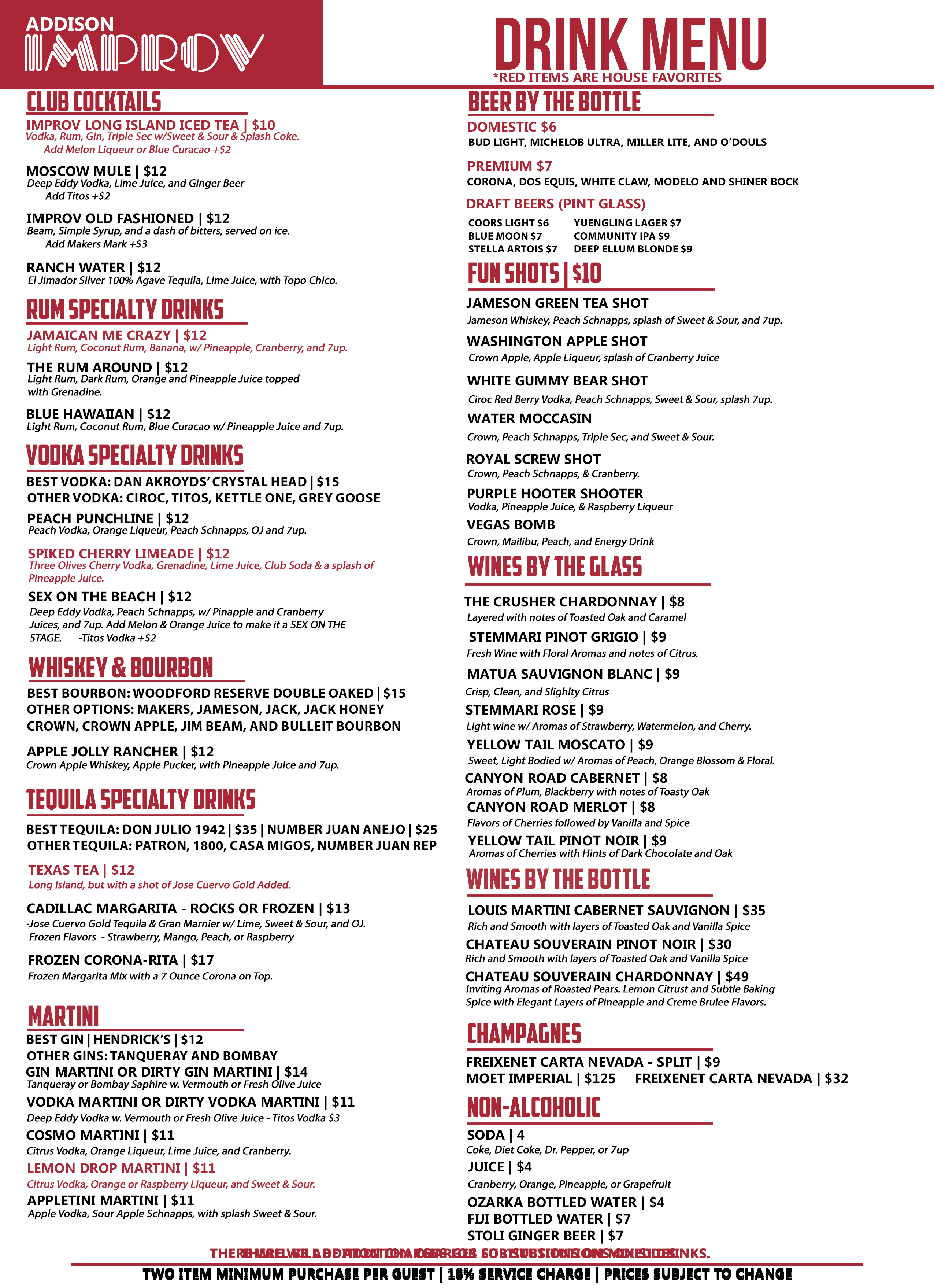 Addison Improv Food and Drink Menus
