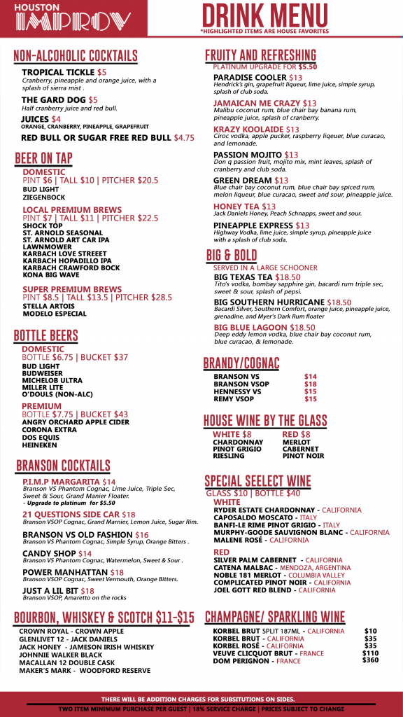 Houston Improv Food and Drink Menus